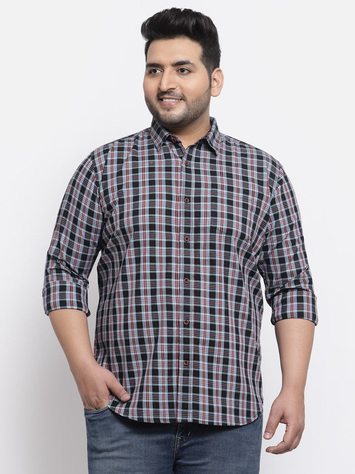 Plus Size  Men Navy Blue Regular Fit Tartan Checked Cotton Casual Shirt