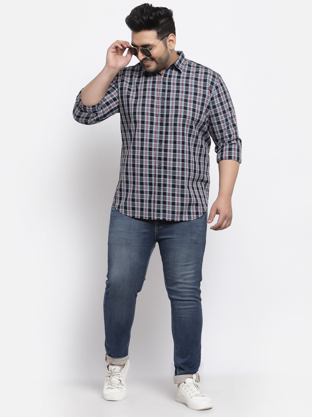 Plus Size  Men Navy Blue Regular Fit Tartan Checked Cotton Casual Shirt