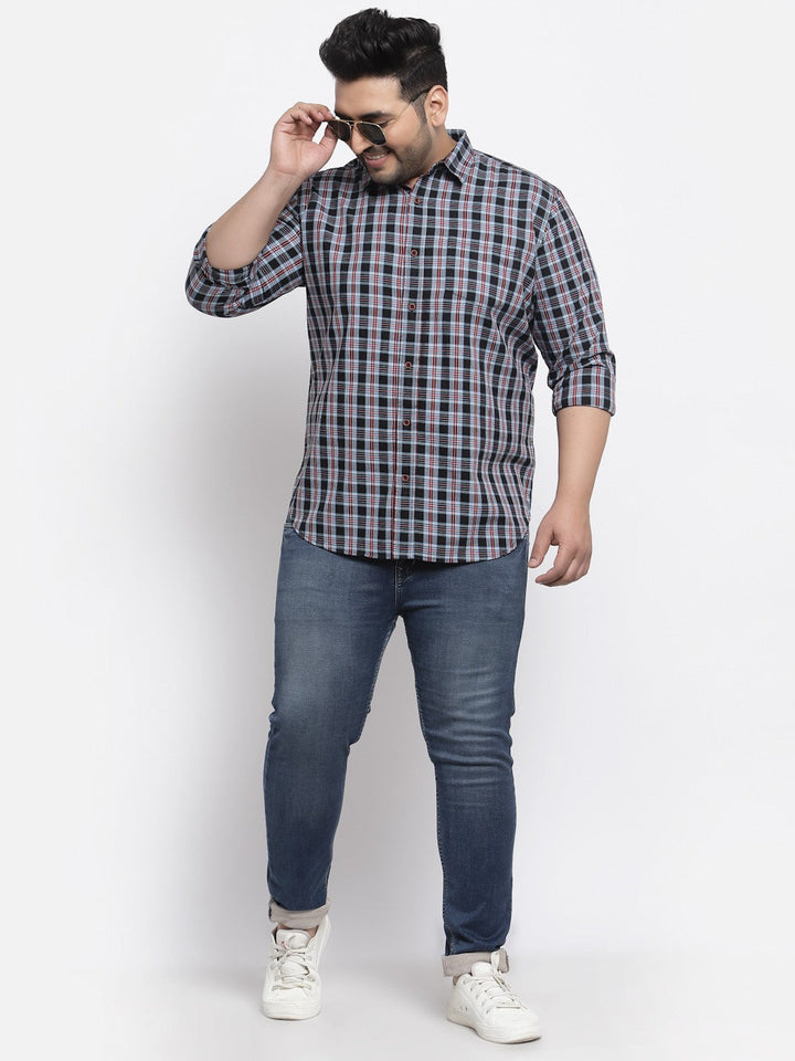 Plus Size  Men Navy Blue Regular Fit Tartan Checked Cotton Casual Shirt