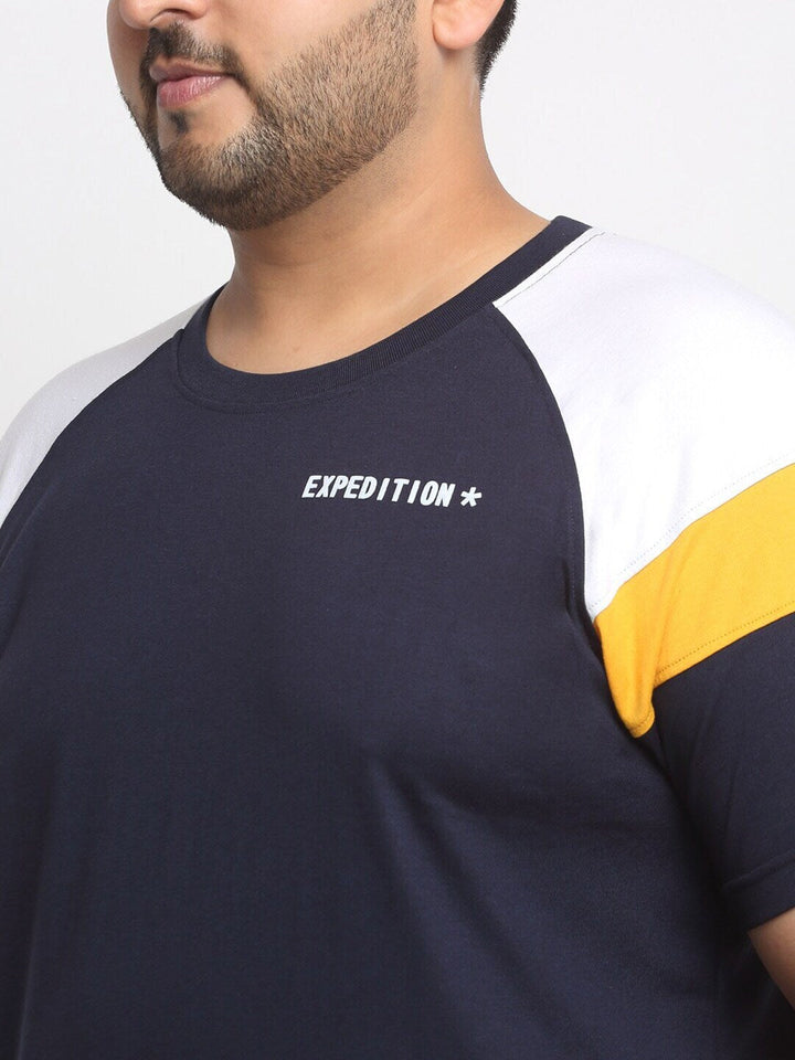 Plus Size Black Round Neck Raglan Sleeves Cotton T-Shirt