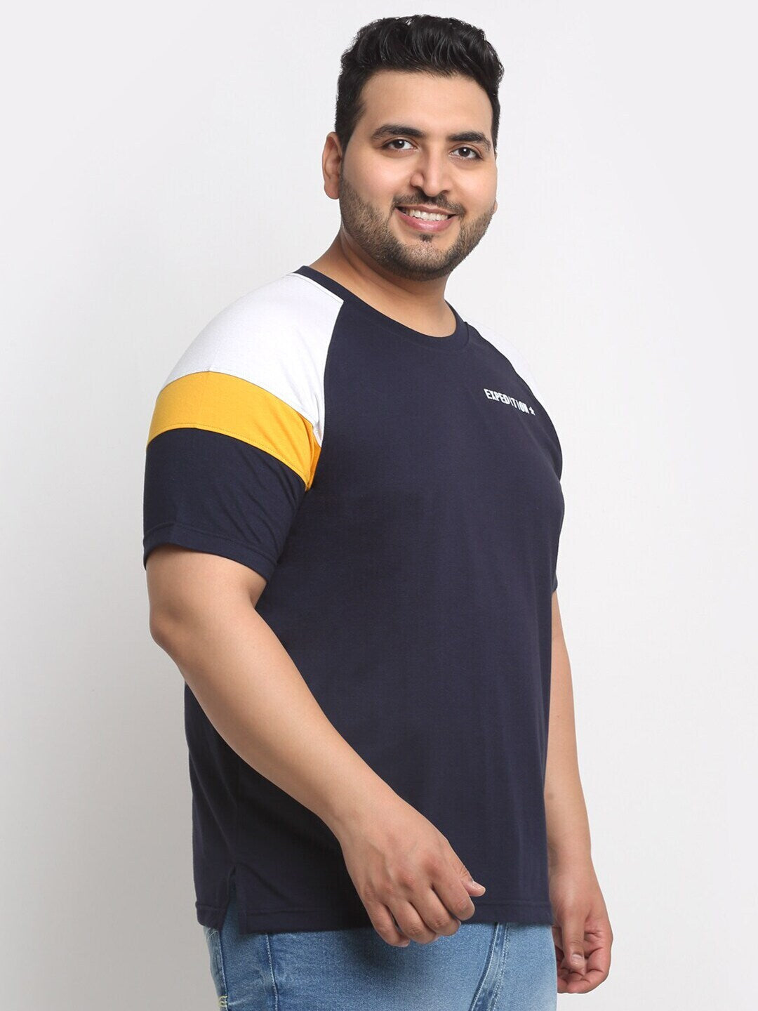 Plus Size Black Round Neck Raglan Sleeves Cotton T-Shirt