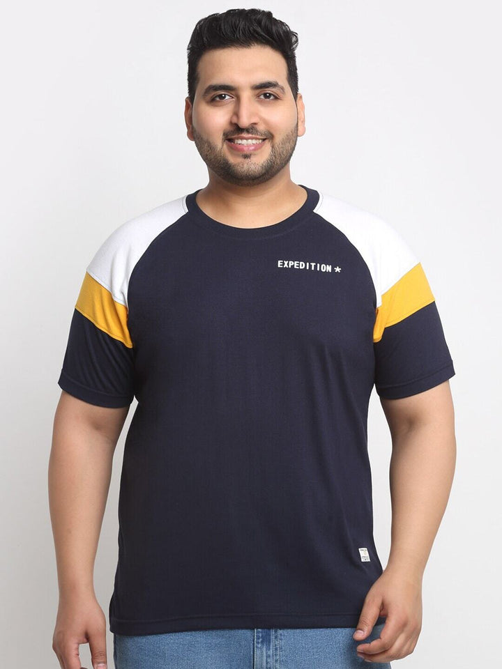 Plus Size Black Round Neck Raglan Sleeves Cotton T-Shirt