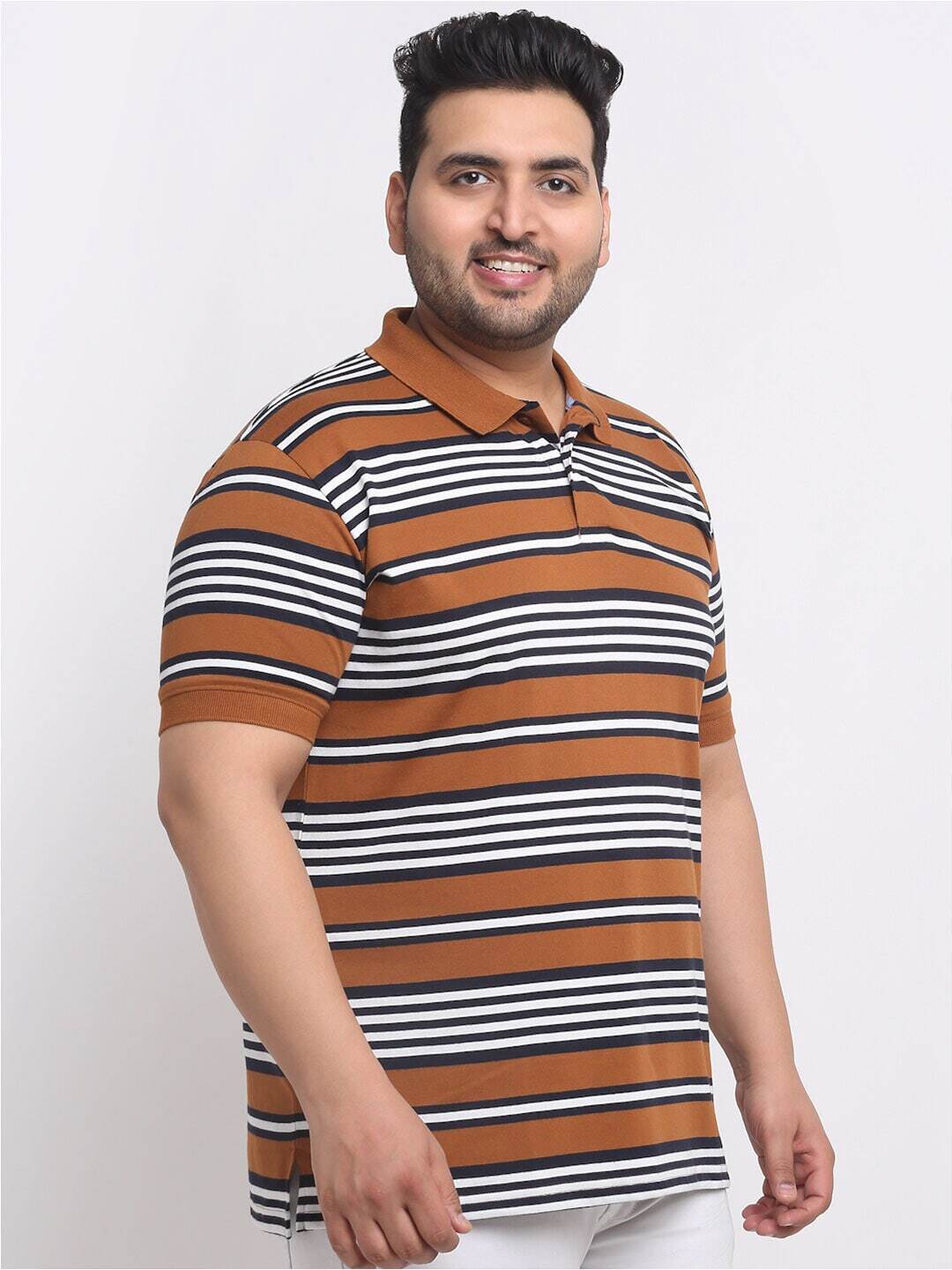 Plus Size  Brown Striped Polo Collar Cotton T-shirt