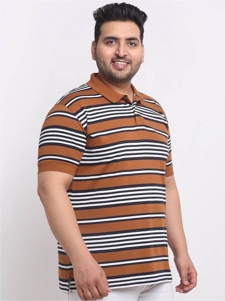 Plus Size  Brown Striped Polo Collar Cotton T-shirt