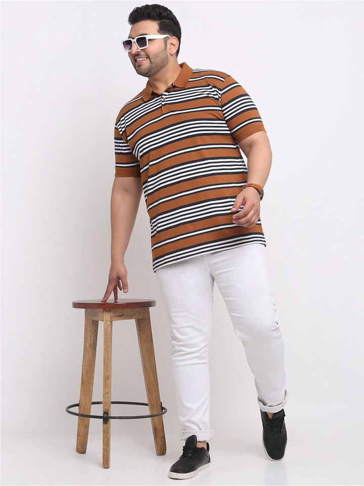 Plus Size  Brown Striped Polo Collar Cotton T-shirt