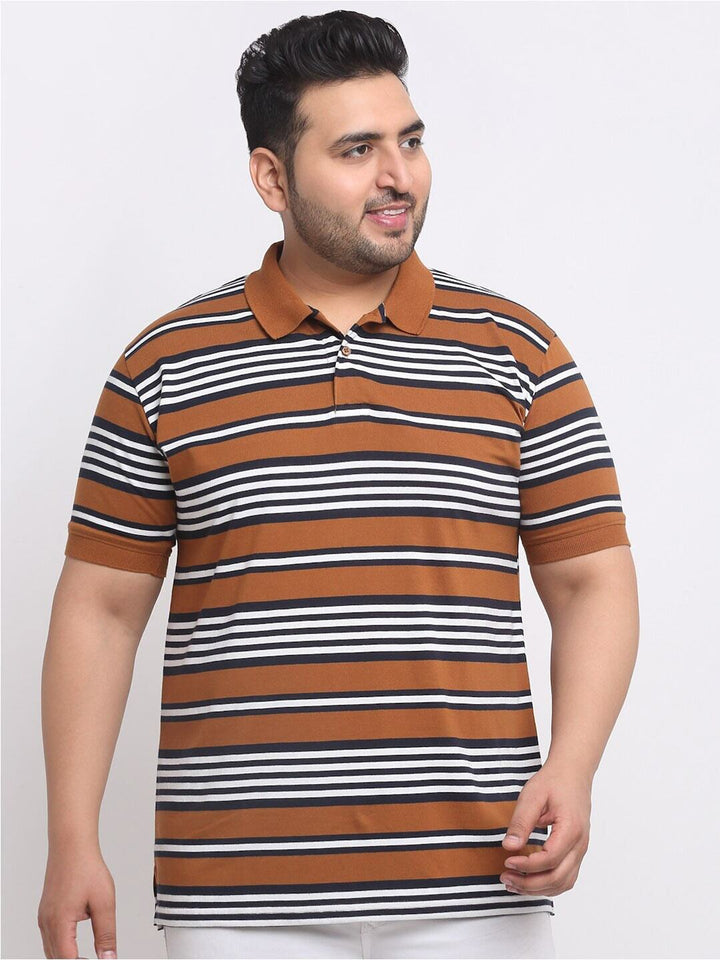 Plus Size  Brown Striped Polo Collar Cotton T-shirt