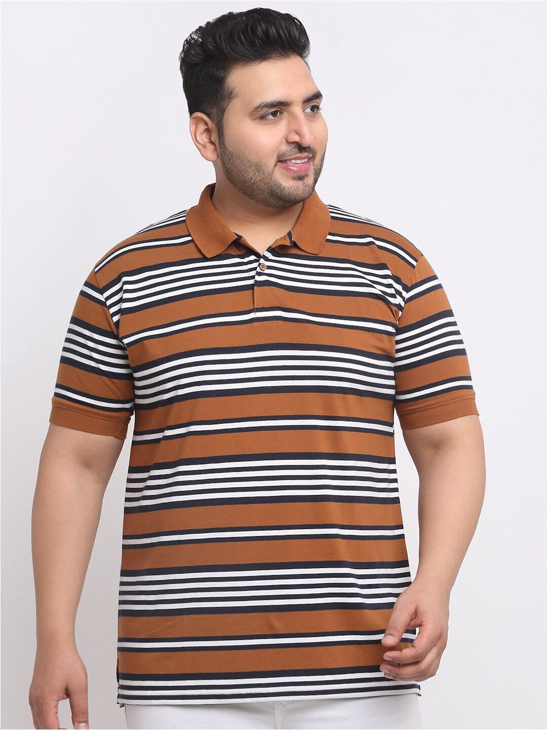 Plus Size  Brown Striped Polo Collar Cotton T-shirt