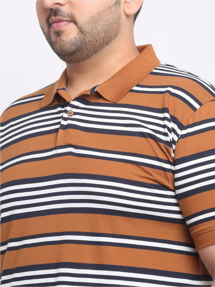 Plus Size  Brown Striped Polo Collar Cotton T-shirt