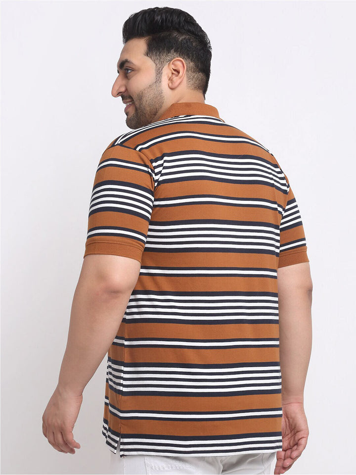 Plus Size  Brown Striped Polo Collar Cotton T-shirt