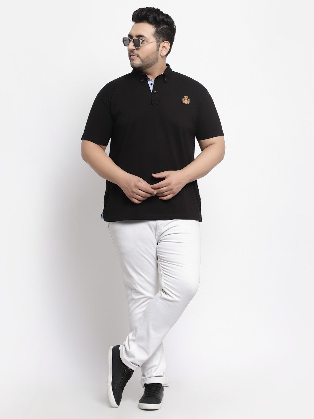 Plus Size  Men Black Polo Collar Pure Cotton T-shirt