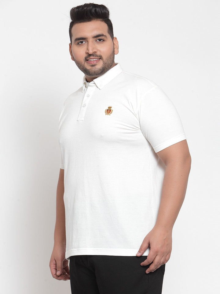 Plus Size Men White Solid Polo Collar Pure Cotton T-shirt