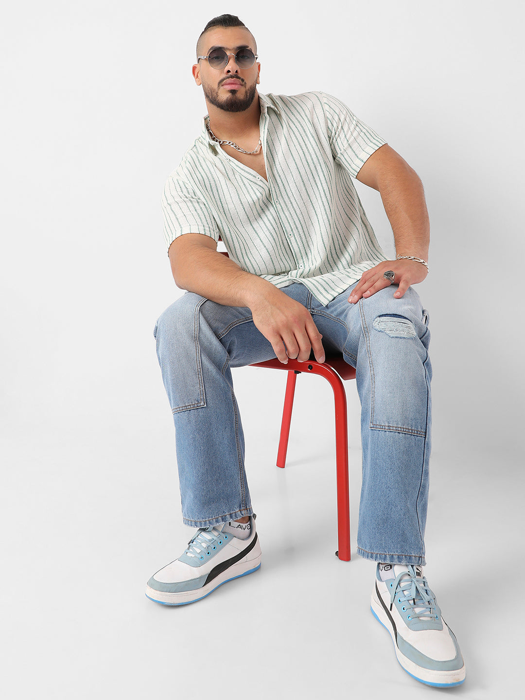 White & Green Unbalanced Striped Woven Shirt