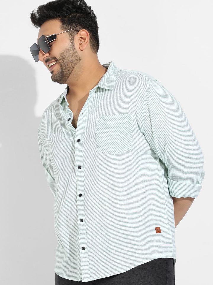 White & Green Horizontal Chalk Striped Shirt