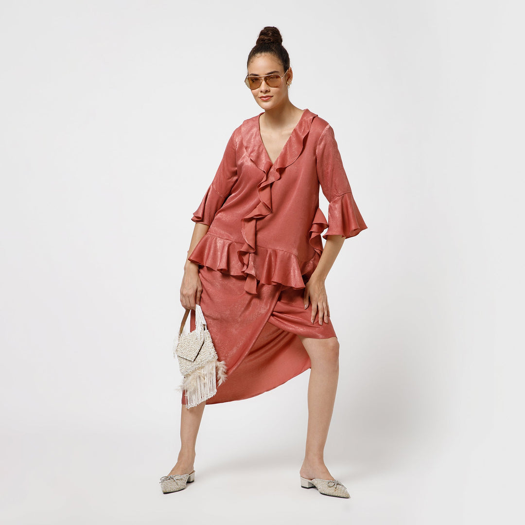 Peach Satin Asymetrical Frill Top