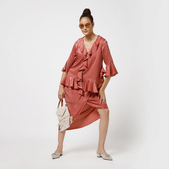Peach Satin Asymetrical Frill Top