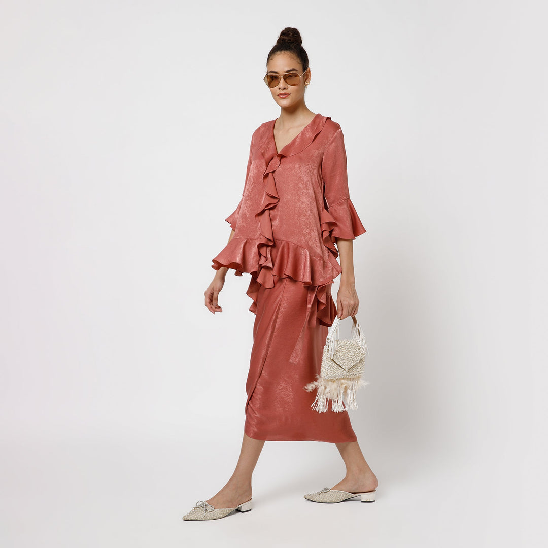 Peach Satin Asymetrical Frill Top