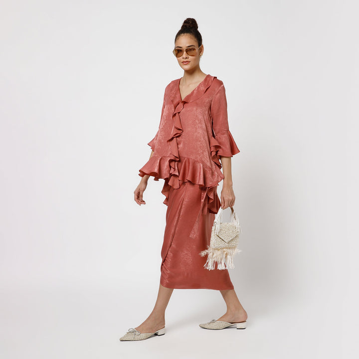 Peach Satin Asymetrical Frill Top