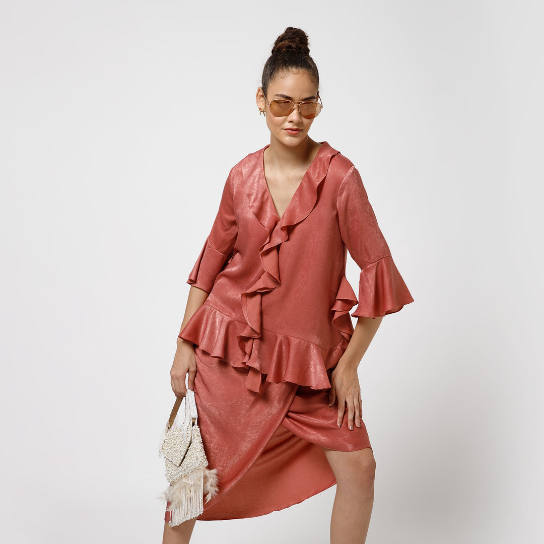 Peach Satin Asymetrical Frill Top