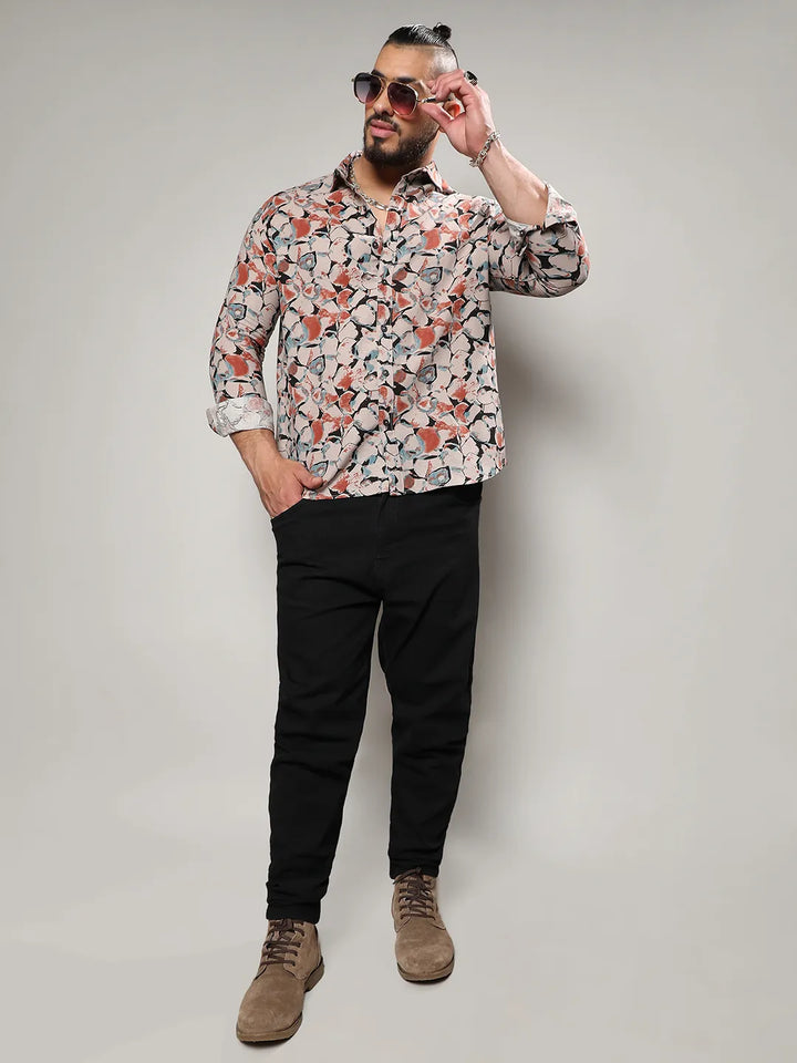 Beige & Brown Artistic Floral Cluster Shirt