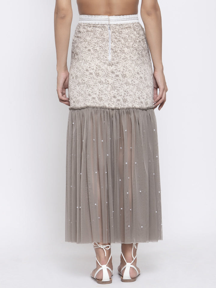 Beige Printed and Net Skirt for Women-4