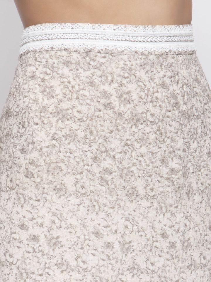 Beige Printed and Net Skirt for Women-2