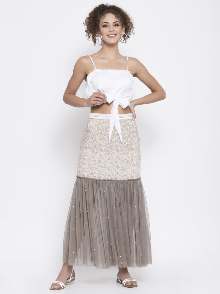 Beige Printed and Net Skirt for Women-6