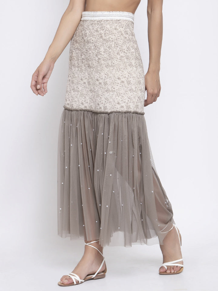 Beige Printed and Net Skirt for Women