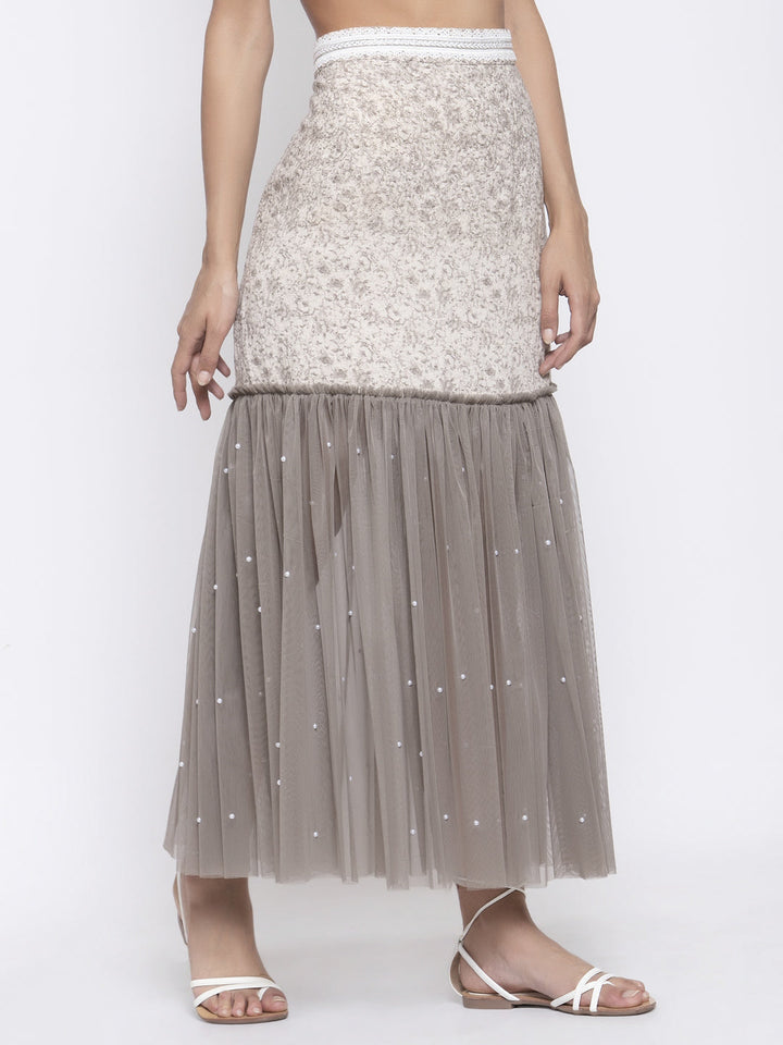 Beige Printed and Net Skirt for Women-1