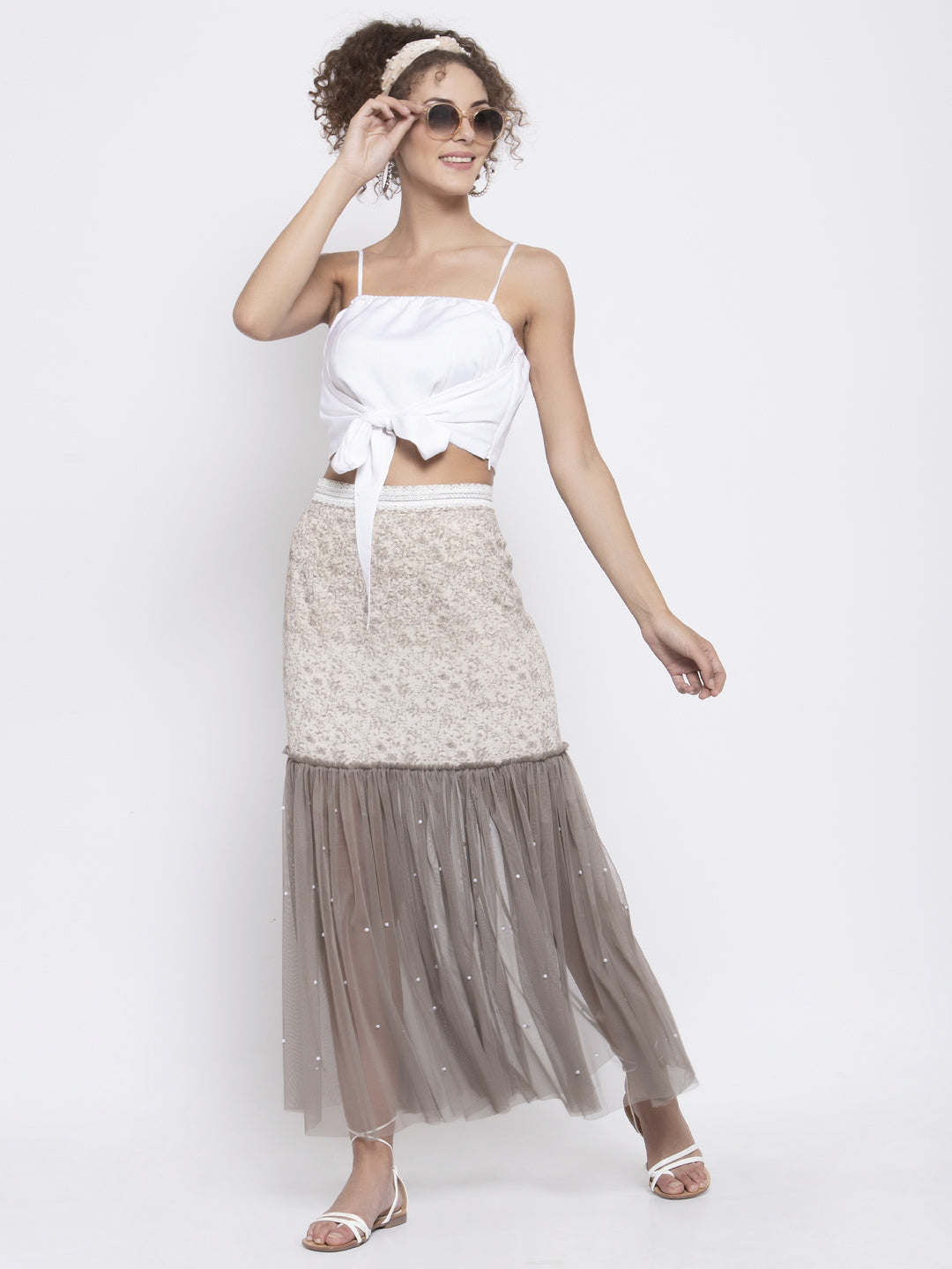 Beige Printed and Net Skirt for Women-5