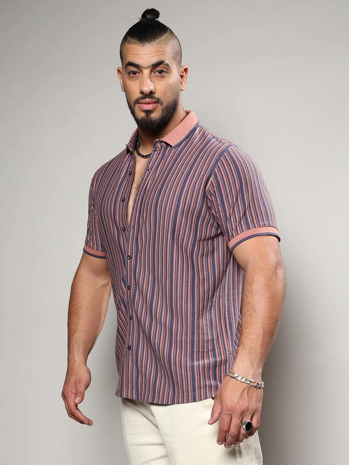 Brown & Blue Contrast Knitted Shirt