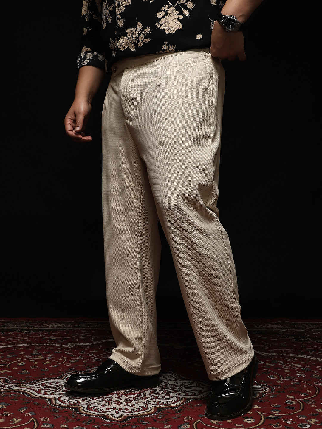 Textured Extended-Waistband Trousers