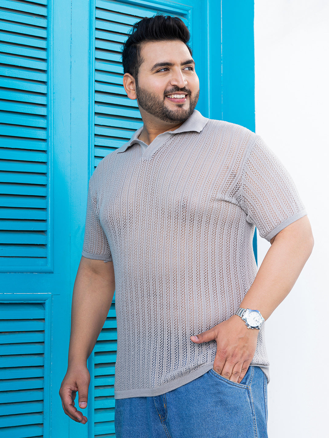 Stripe-Textured Polo T-Shirt