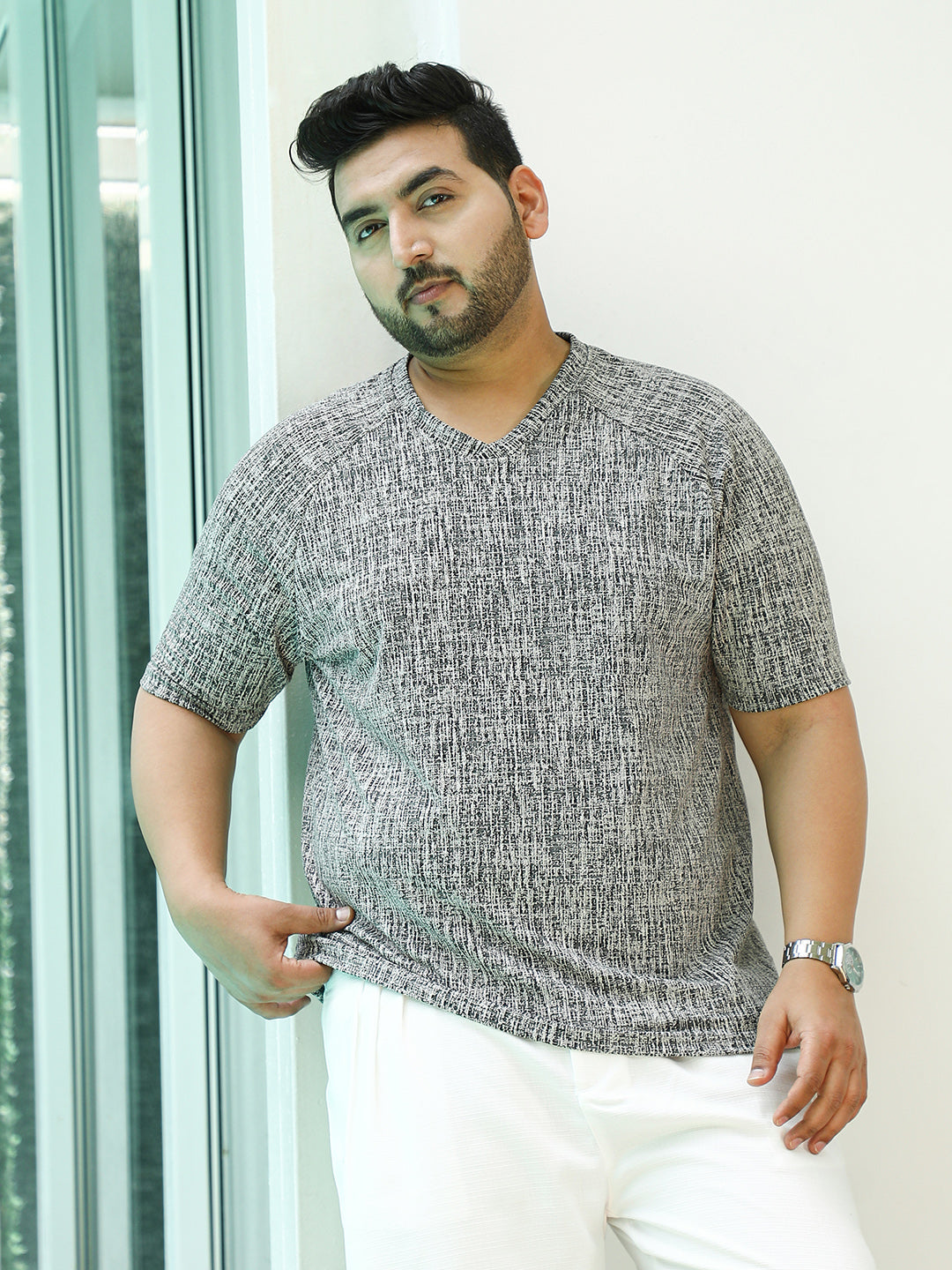 Contrast-Heathered Knitted T-Shirt