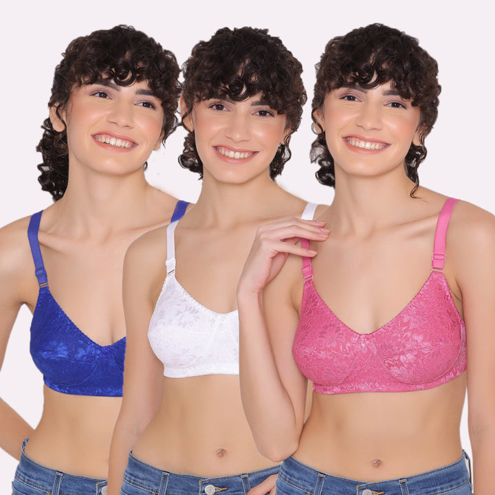 Women's Non Padded Full Coverage Full Net Bra (Pack of 3)-Erin