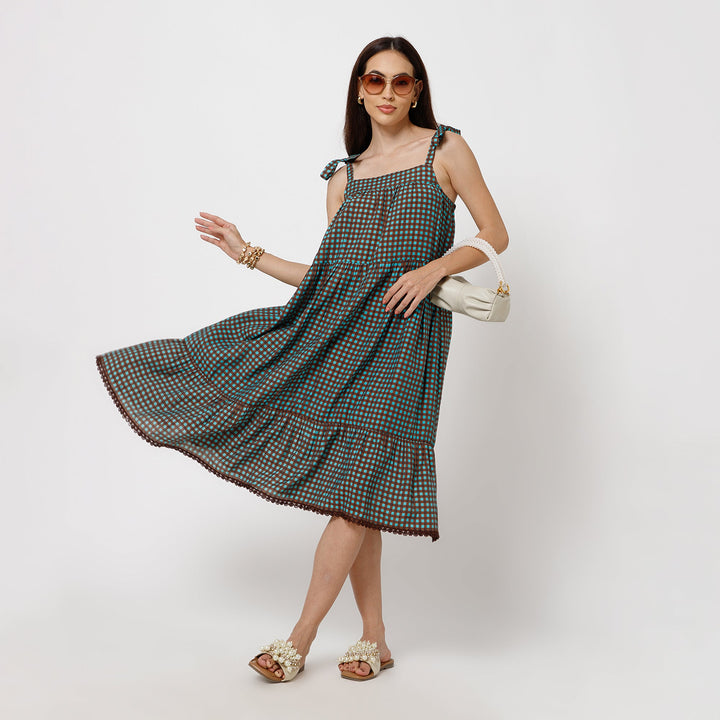Brown Turqoise Check Tiered Dress
