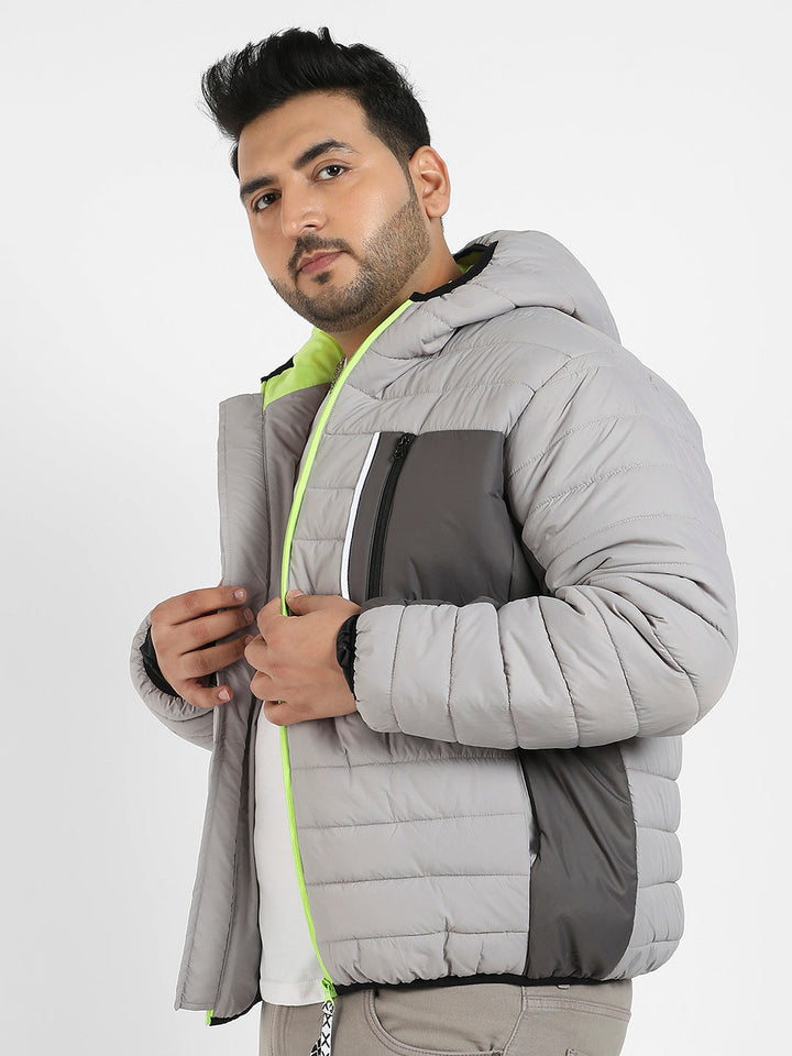 Light Grey Puffer Jacket With Contrast Zipper
