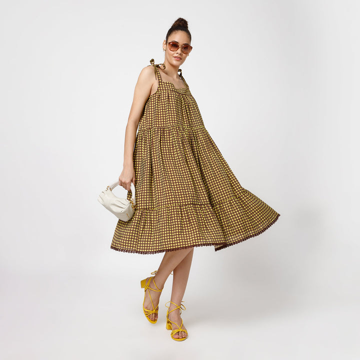 Brown Yellow Check Tiered Dress