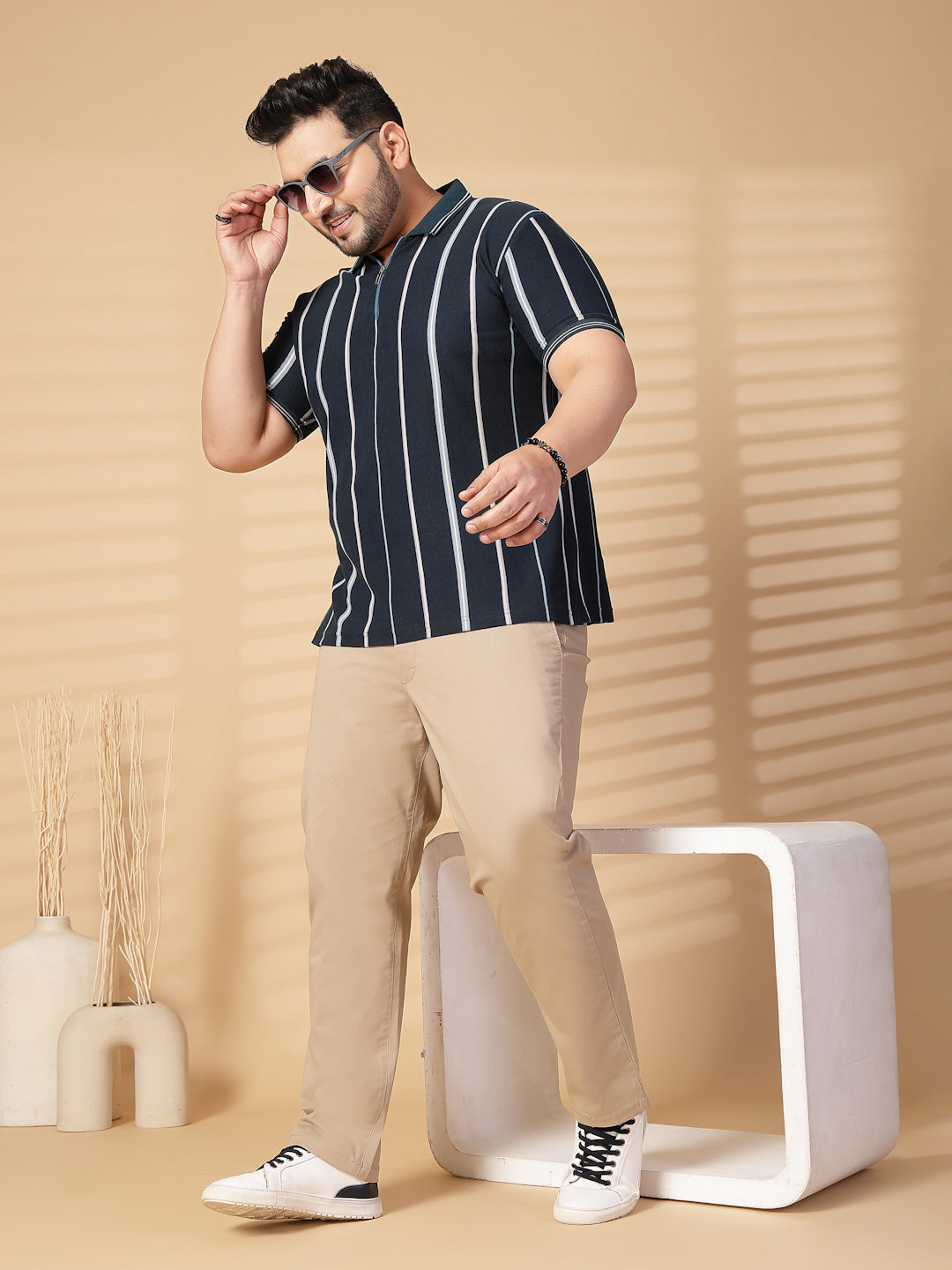 Plus Size Men Striped Polo Collar Cotton T-shirt