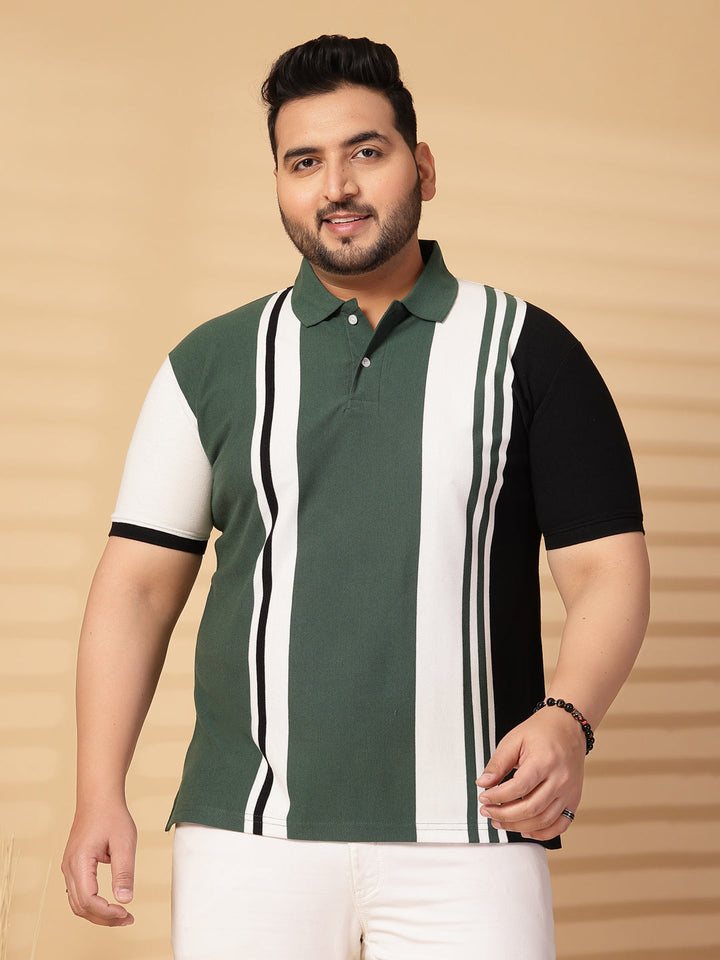 Plus Size Men Striped Polo Collar Cotton T-shirt