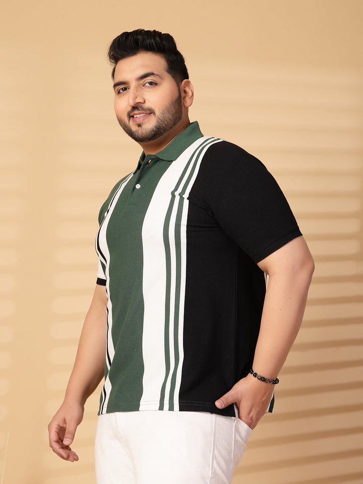 Plus Size Men Striped Polo Collar Cotton T-shirt