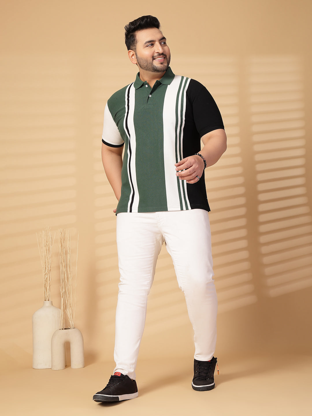 Plus Size Men Striped Polo Collar Cotton T-shirt