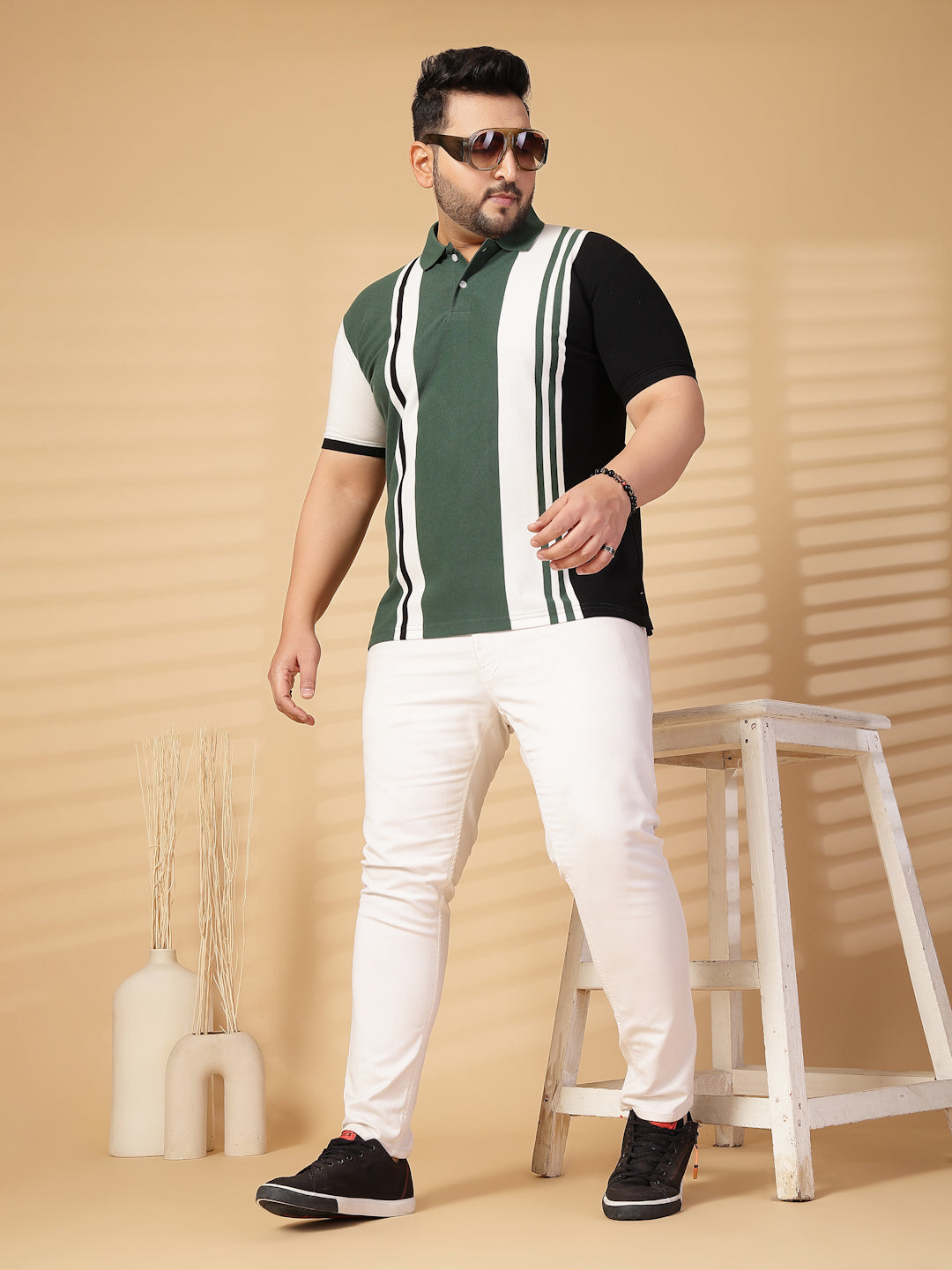 Plus Size Men Striped Polo Collar Cotton T-shirt