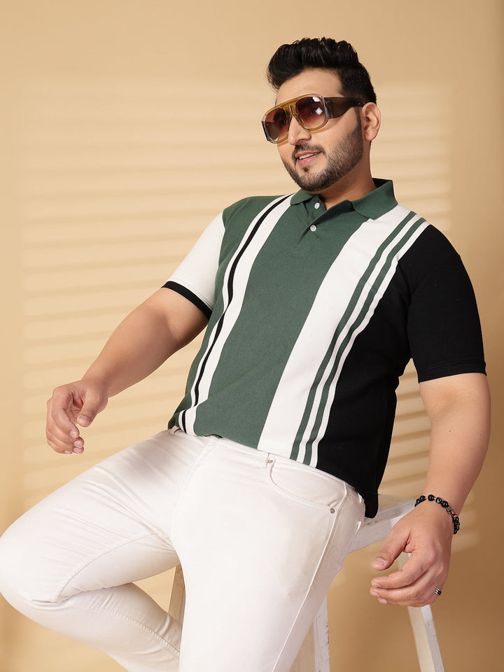 Plus Size Men Striped Polo Collar Cotton T-shirt