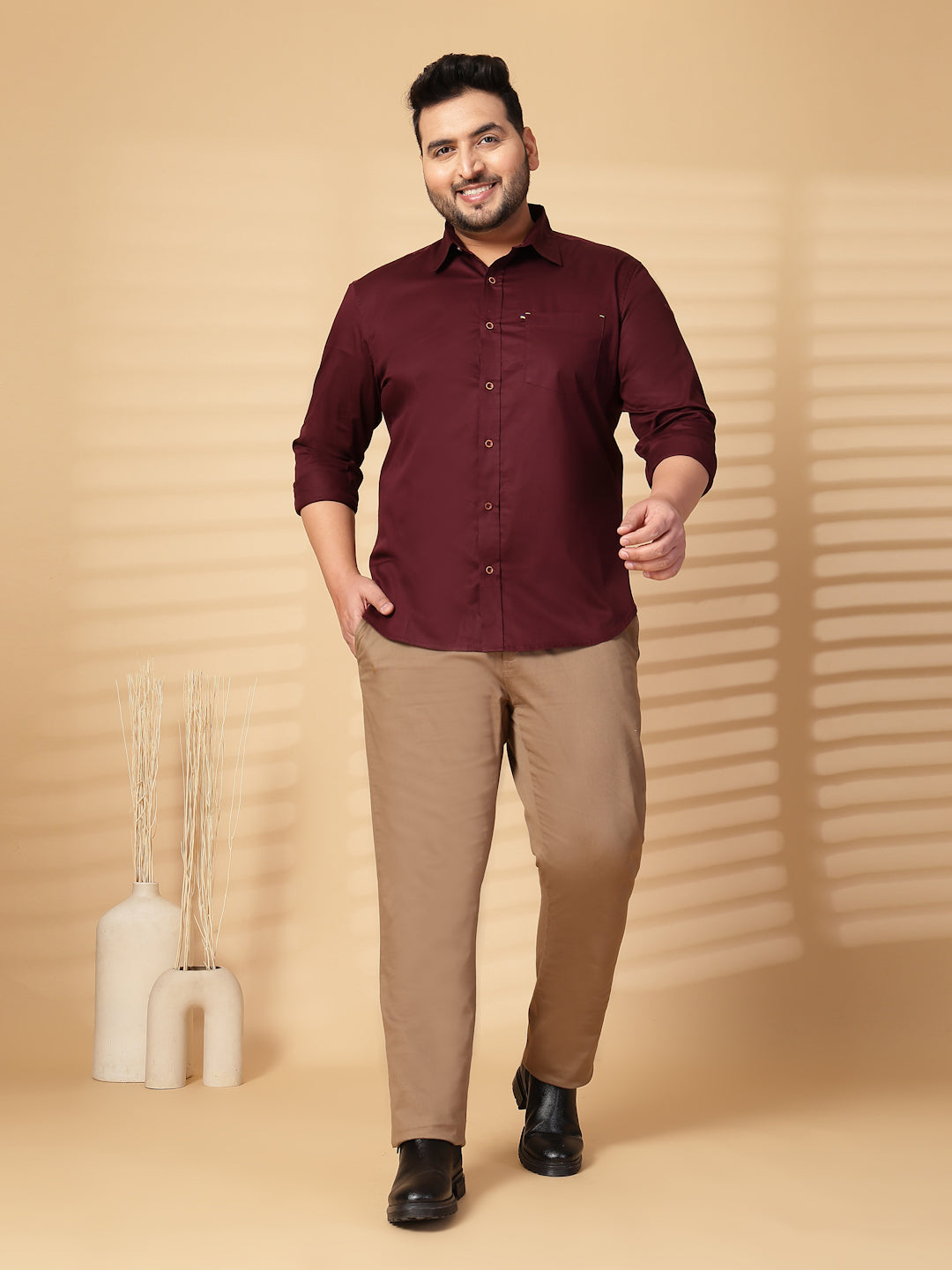 Plus Size Men  Oversized Fit Spread Collar Solid Cotton Casual Shirt