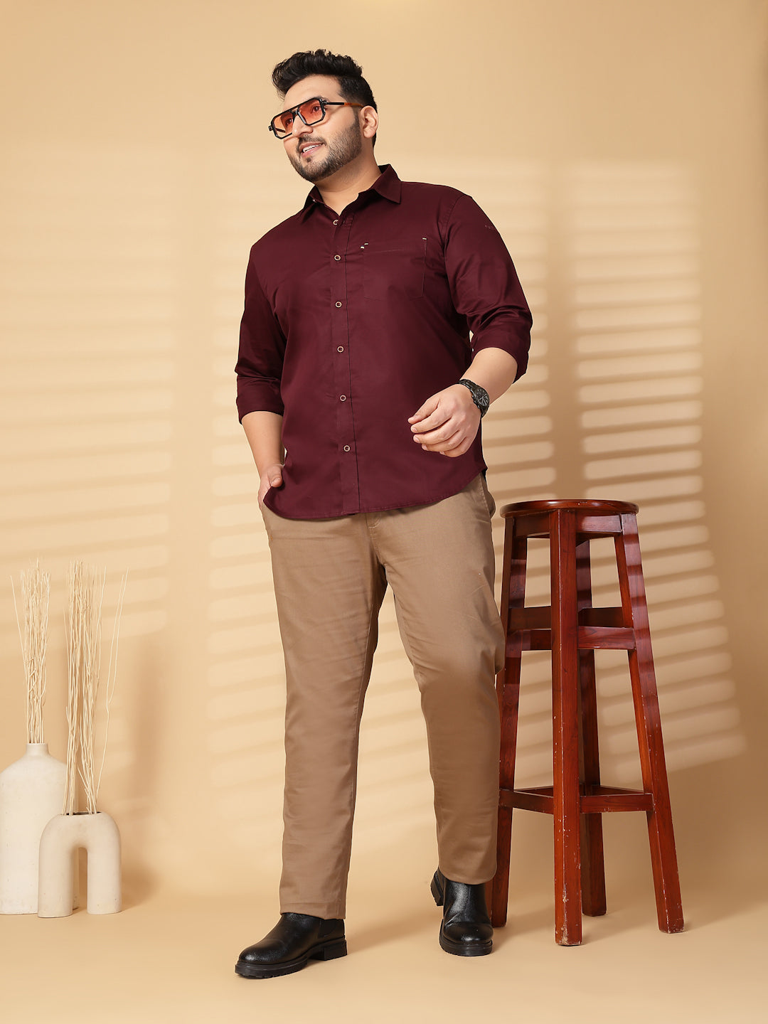 Plus Size Men  Oversized Fit Spread Collar Solid Cotton Casual Shirt