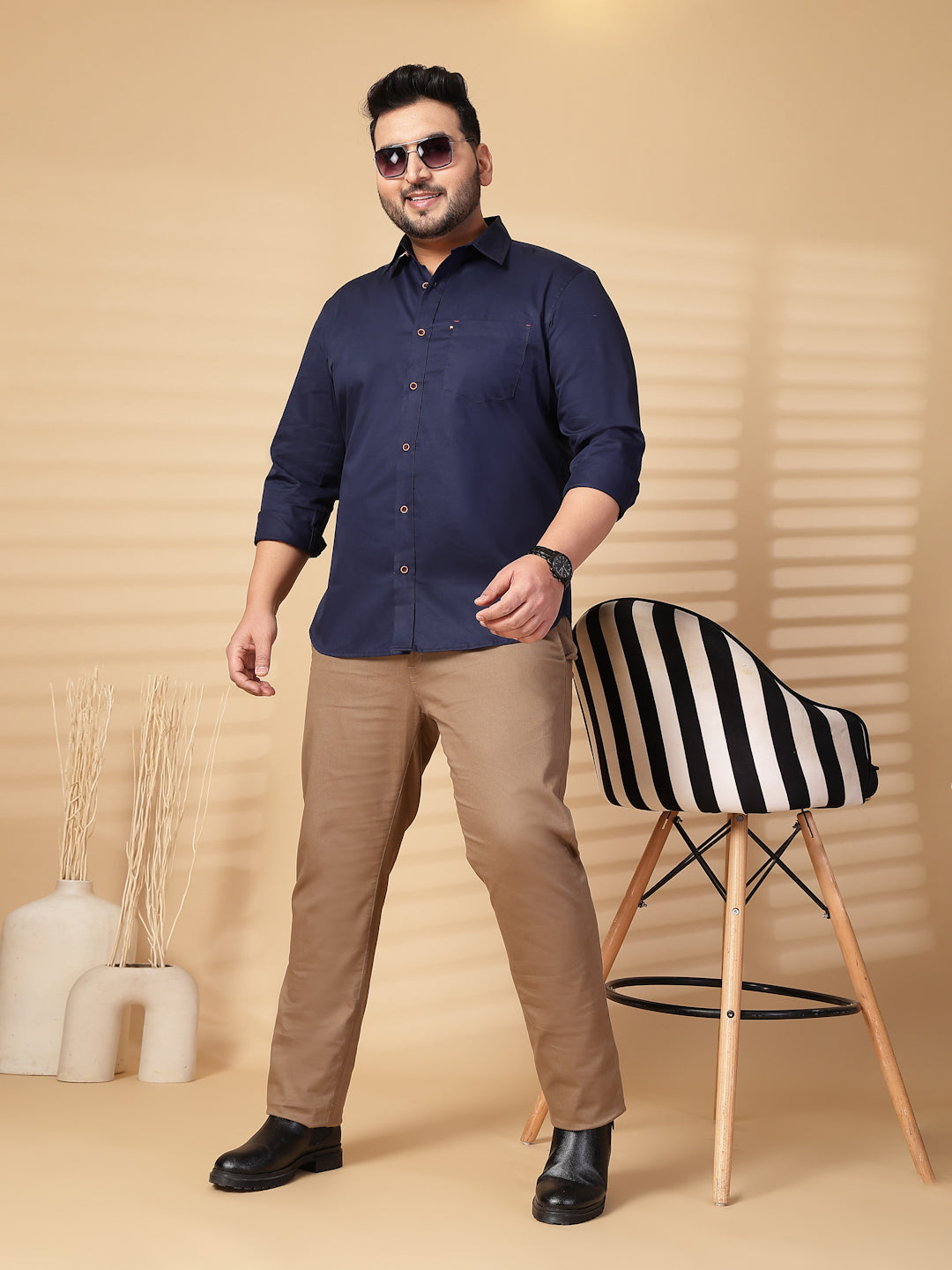 Plus Size Men  Oversized Fit Spread Collar Solid Cotton Casual Shirt