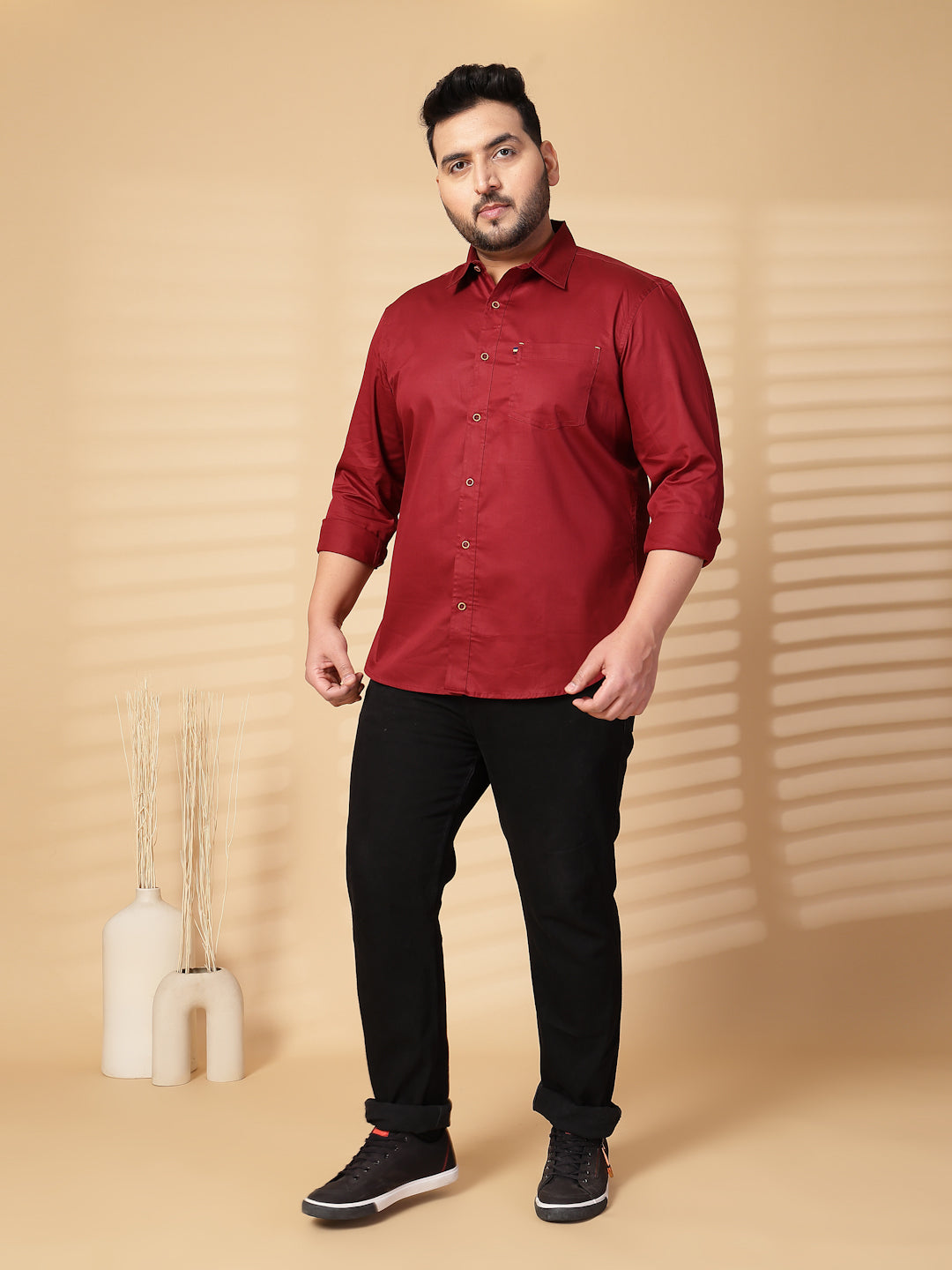 Plus Size Men  Oversized Fit Spread Collar Solid Cotton Casual Shirt