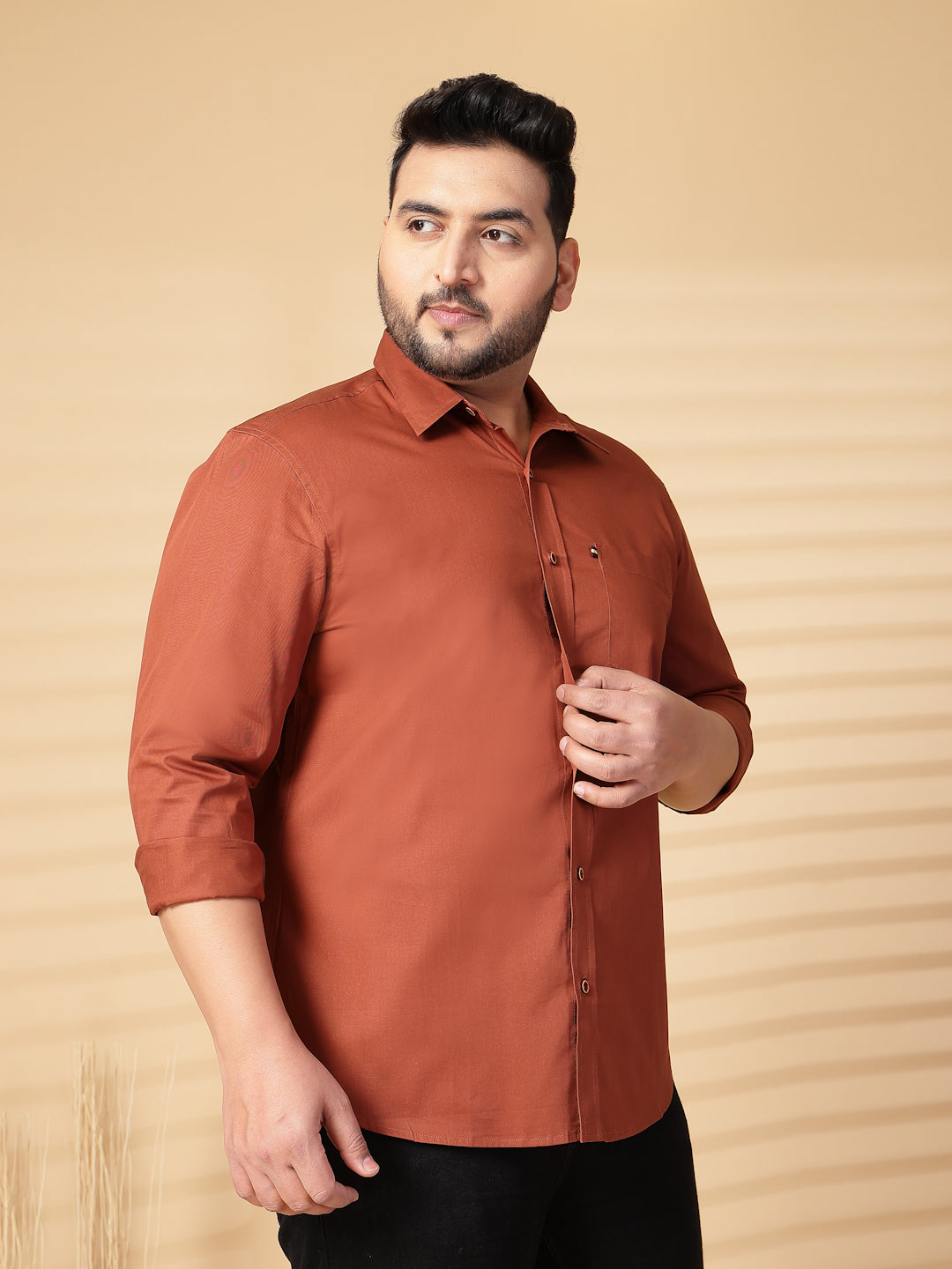 Plus Size Men  Oversized Fit Spread Collar Solid Cotton Casual Shirt