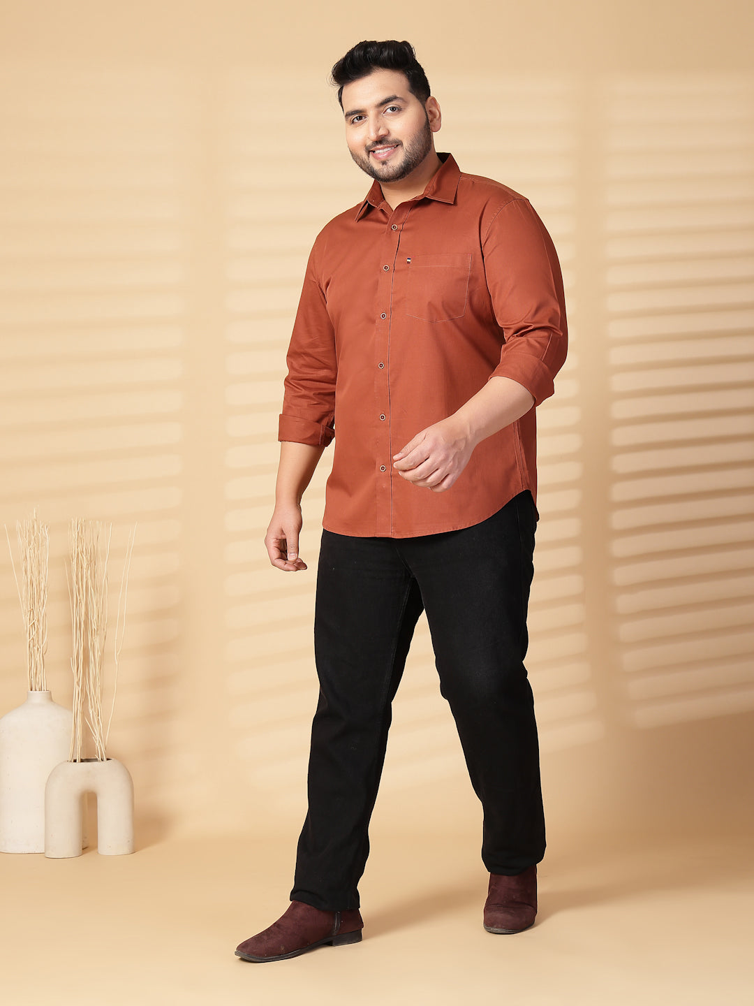 Plus Size Men  Oversized Fit Spread Collar Solid Cotton Casual Shirt