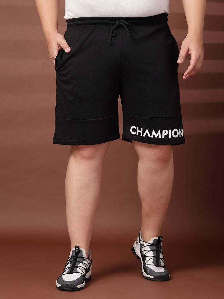 Plus Size Men Black Typography Printed Mid-Rise Regular Shorts